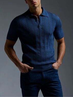 ISAIA Men’s Open Knit Blue Short Sleeve Polo Shirt XXL